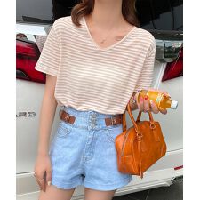 ボーダー柄Tシャツ Vネックカットソー夏