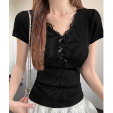 リボンレース付きリブニット Vネック夏服