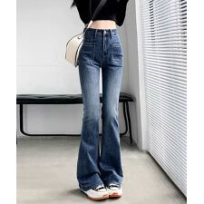 韓国風セミフレアデニムパンツ レディース