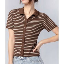 ボーダー柄ニットポロシャツレディース半袖