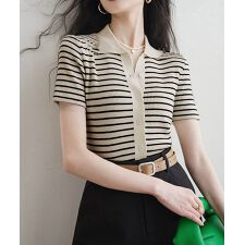 ボーダー柄ニットポロシャツレディース半袖