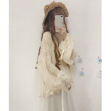 透かし編み レースカーディガン リボン袖