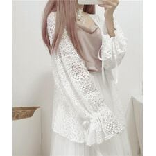 透かし編み レースカーディガン リボン袖