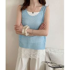 透かし編みニットベスト 重ね着ニットジレ