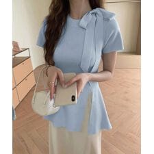 リボン付きニットトップス サイドスリット