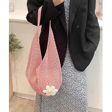 トートバッグ花モチーフ付き編みバッグ軽量