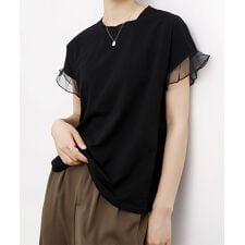 袖シアーTシャツチュール切替えカットソー