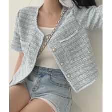 ツイード風ジャケットノーカラージャケット