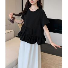 アシンメトリーフリルtシャツ 異素材夏服