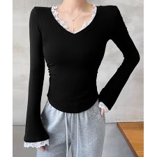 レース付TシャツVネック長袖リブトップス