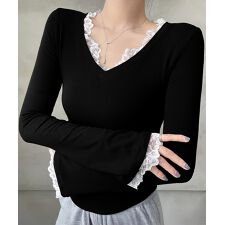 ミニミニストア(miniministore)のレース付TシャツVネック長袖リブトップス