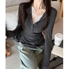 レース付リブニットトップス Vネック長袖