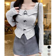 ミニミニストア(miniministore)のリボンニットトップス スクエアネック秋服