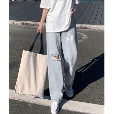 ダメージデニムパンツハイウエストジーパン