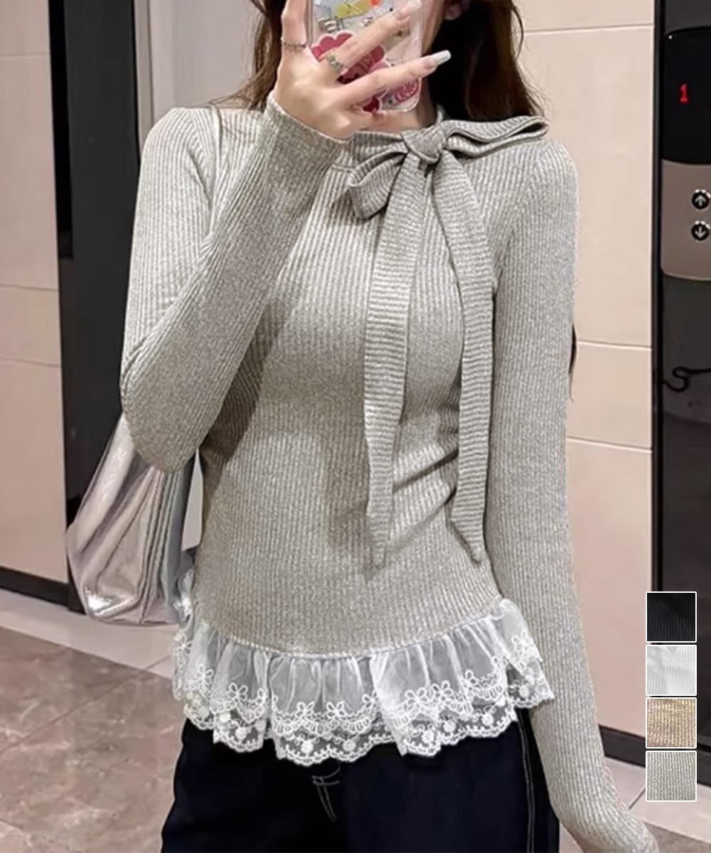 リボンネックニット 裾レースカットソー秋 | ミニミニストア