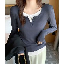 レイヤード風Tシャツ スリットネック秋服