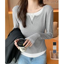 ミニミニストア(miniministore)のレイヤード風Tシャツ スリットネック秋服