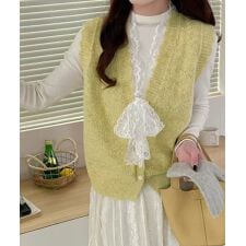 ニットベストネックラインレースニットジレ