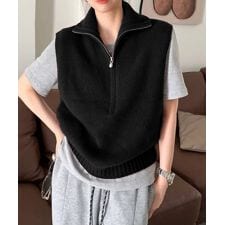 ハーフジップ ニットベストスタンドカラー