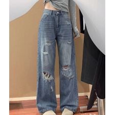 ダメージデニムパンツ ワイドレッグデニム
