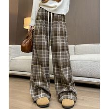 チェック柄パンツハイウエストワイドパンツ