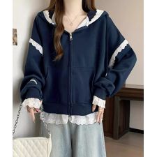 パーカー レース切り替え 韓国風 ZIP