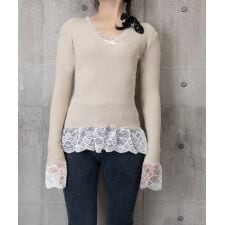 ニットトップス レース切替え Vネック服