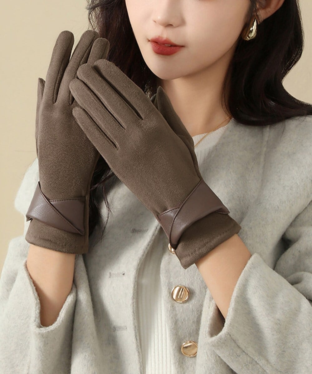 スエード調手袋裏起毛 リボン付き手袋防寒