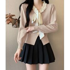 ボウタイニットトップス フリル襟 ニット