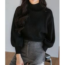 韓国風リブニットトップスハイネックニット