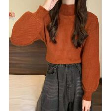 韓国風リブニットトップスハイネックニット