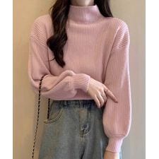 韓国風リブニットトップスハイネックニット