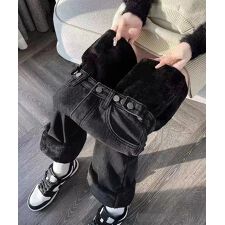 裏起毛デニムパンツウエスト調節ボタン付き