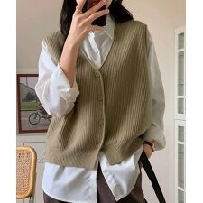 ミニミニストア(miniministore)のリブニットベスト前開きニットジレVネック