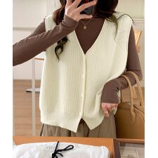ミニミニストア(miniministore)のリブニットベスト前開きニットジレVネック