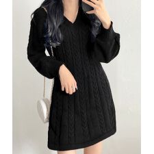 ニットワンピース ケーブル編みミニワンピ