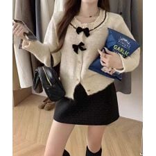 襟レースニットカーディガンリボントップス