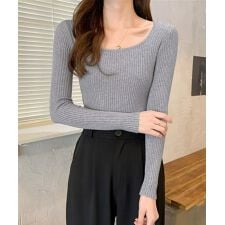 Uネックリブトップススクエアネックニット