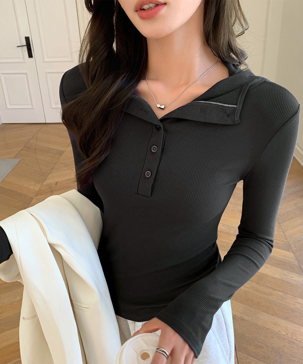 フード付きリブカットソーレディース長袖T