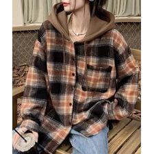 チェックフードシャツ レイヤード風シャツ