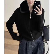 ファー襟ニットカーディガン ダブルジップ