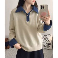 デニム切り替え レイヤード風ニットポロ襟