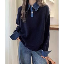 デニム切り替え レイヤード風ニットポロ襟