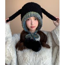 うさぎ耳ニット帽 配色 レディース 小顔