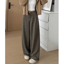 チェック柄ワイドパンツハイウエスト 秋冬
