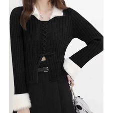 ファー襟 レースアップニットトップス配色