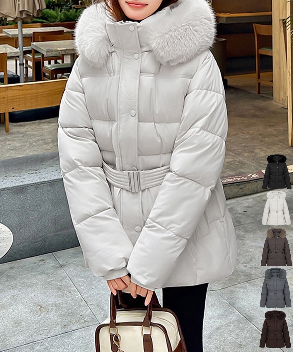 MINIMINISTORE フーディーダウンジャケット 中綿アウター レディース フェイクダウンコートミドル丈 ファーフードアウター ウエストマーク 防寒防風 80TIANN-003 フーディーダウンジャケット 中綿アウター | ミニミニストア