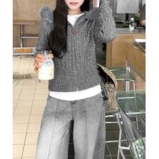 フード付きケーブル編みニットカーディガン