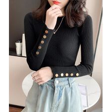 袖ボタン リブニットトップス レディース