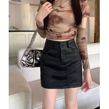 PUレザーミニスカートハイウエスト韓国風